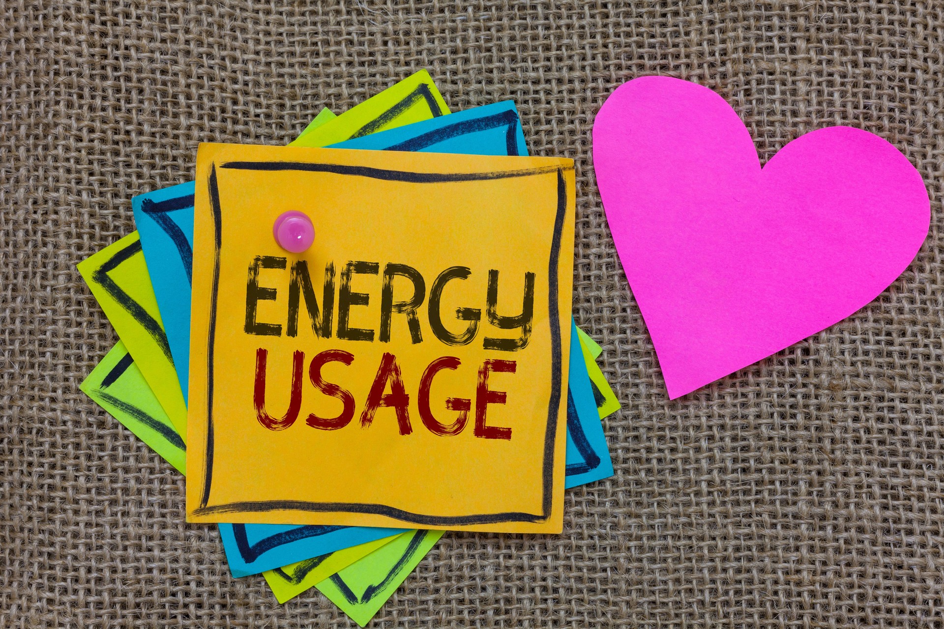 Conceptual hand writing showing Energy Usage. Business photo text Amount of energy consumed or used in a process or system Paper notes Important reminders Romantic message Jute background.