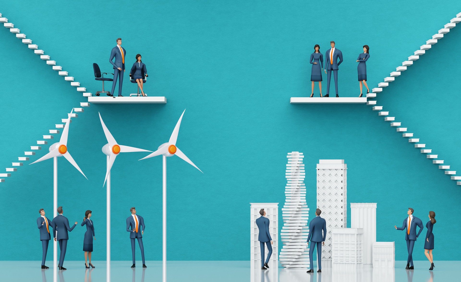 Business people working together on sustainable energy project, ecology, power and healthy living city concept. 3D rendering